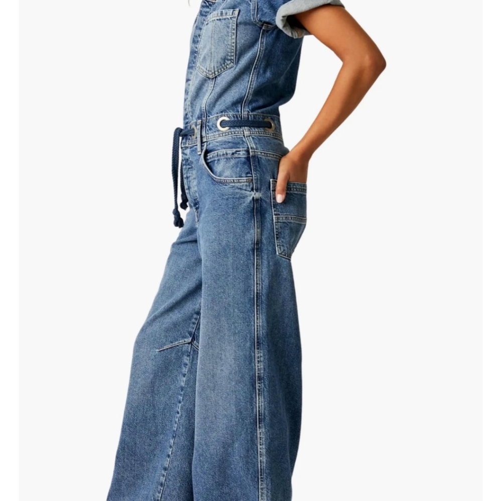 FREE PEOPLE EDISON WIDE LEG COVERALL OVERALL BLUE JEANS SIZE XS‎ - Picture 3 of 11